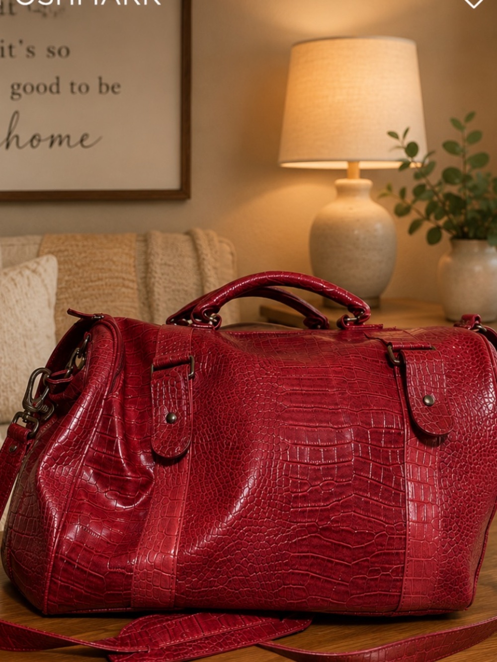 Red crocodile embossed weekender duffel bag large travel bag shoulder strap